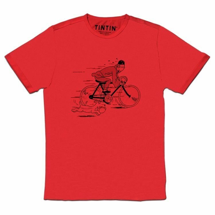 Tintin and snowy fleeing on a bike red t-shirt Official Moulinsart product