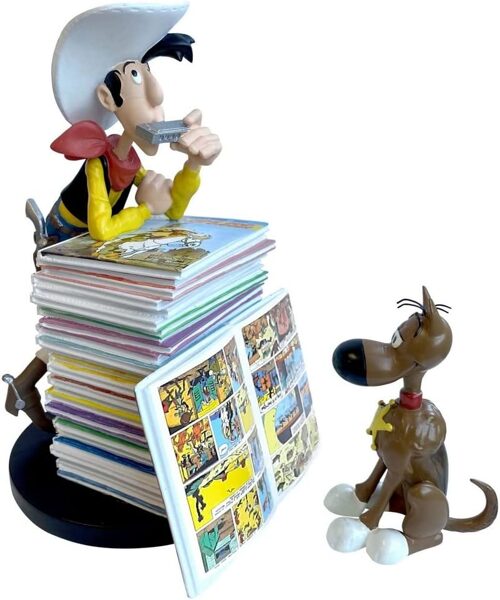 Lucky Luke and Rantanplan leaning on a Stack Of books resin statue