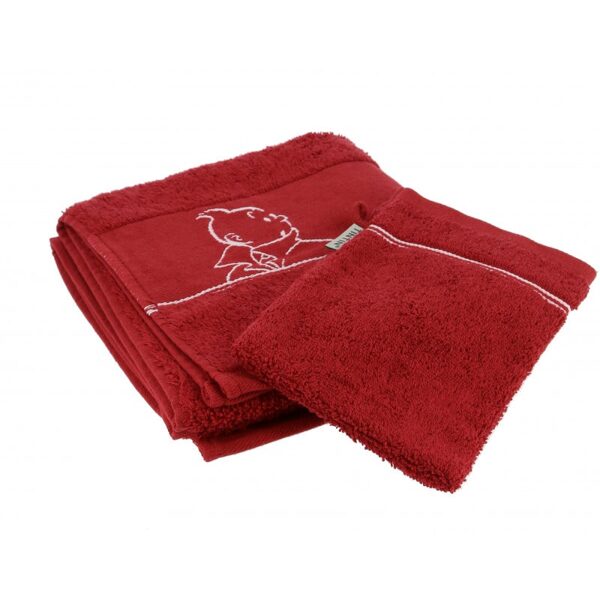 Tintin embroidered red hand bath towel set 100% Cotton Official Moulinsart NEW