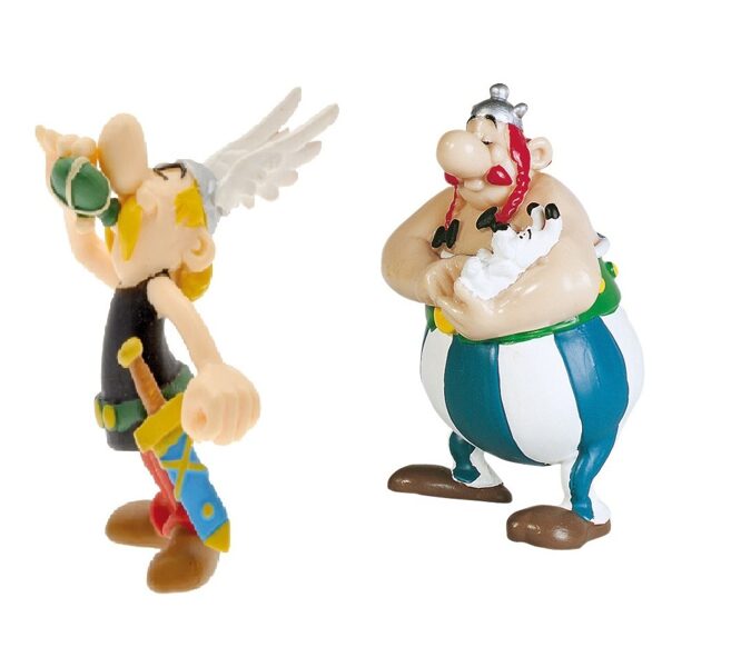 Asterix magic potion and Obelix holding Idefix plastic figurine set Plastoy