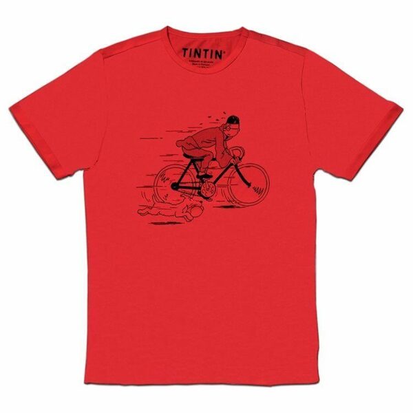 Tintin and snowy fleeing on a bike red t-shirt Official Moulinsart product