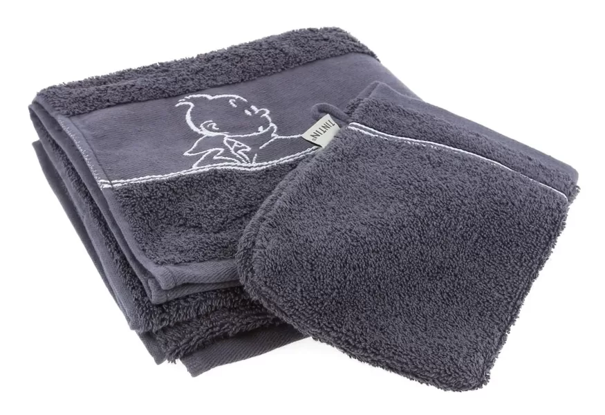 Tintin embroidered grey hand bath towel set 100% Cotton Official Moulinsart NEW